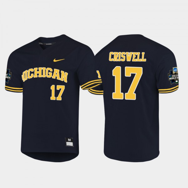 University of Michigan #17 Men's Jeff Criswell Jersey Navy 2019 NCAA Baseball College World Series University